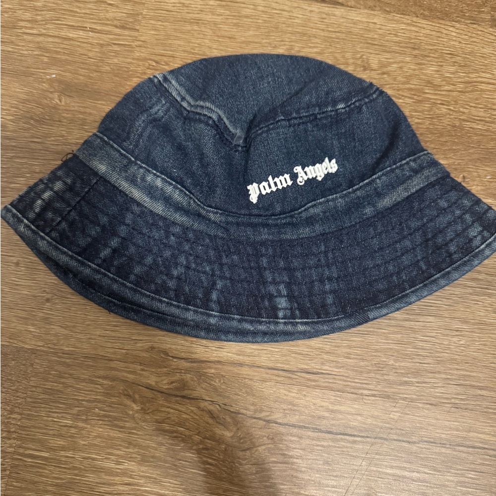 Palm Angels Navy Denim Bucket Hat with White Logo Tag